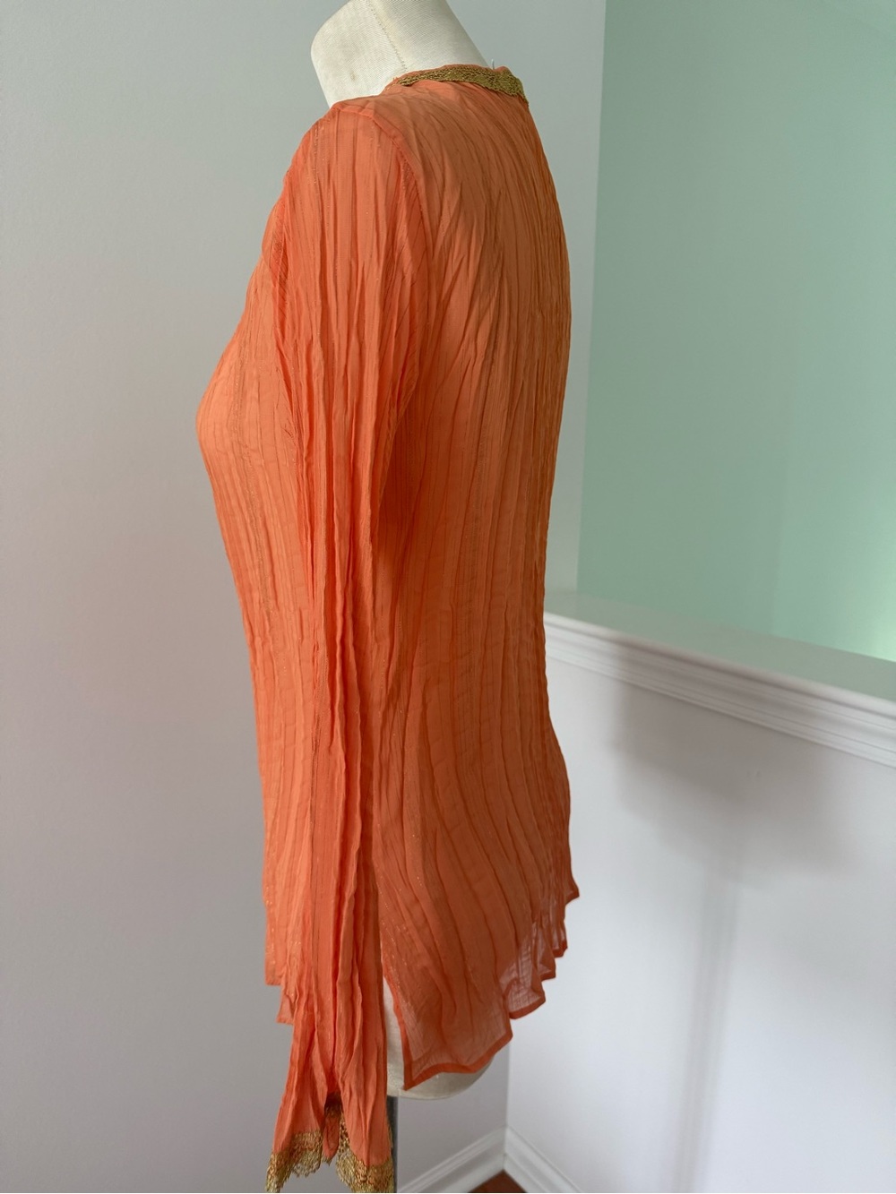 Cache Orange Crinkled V-Neck Tunic with Gold Trim - Picture 4 of 6